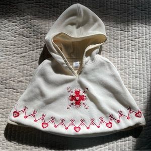 Red & White Snowflake & Heart Embroidered Button Winter Fleece Hooded Cape
